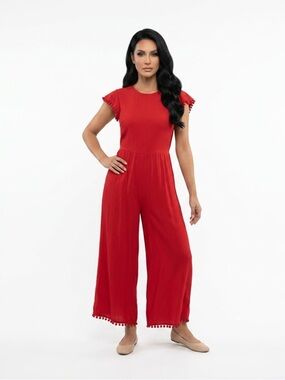 Zara Woman Sz M Red Wide Leg Round Neck Jumpsuit Red Back Zip Viscose